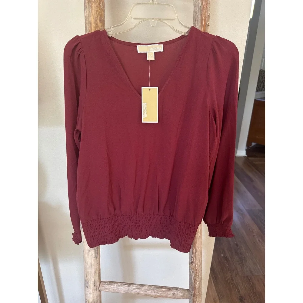 NWT‎ Michael Kors Classic V Neck Long Sleeve Cranberry Blous size XS